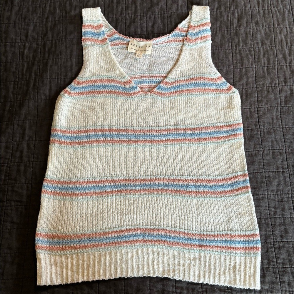 Dress Up Womens Striped Knit V-Neck Tank Top Cream Blue ITM8788-DU Size Medium